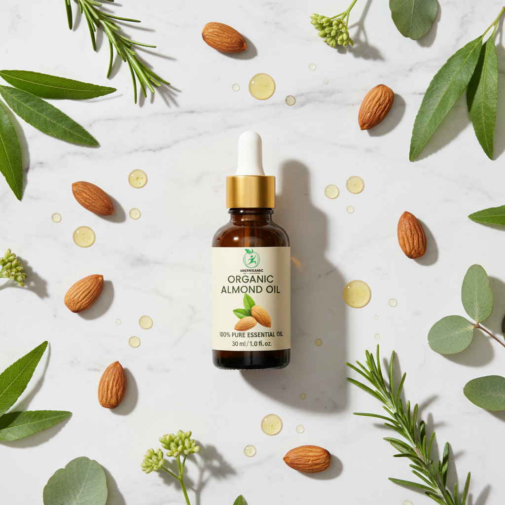 Flat lay with almonds and botanical elements