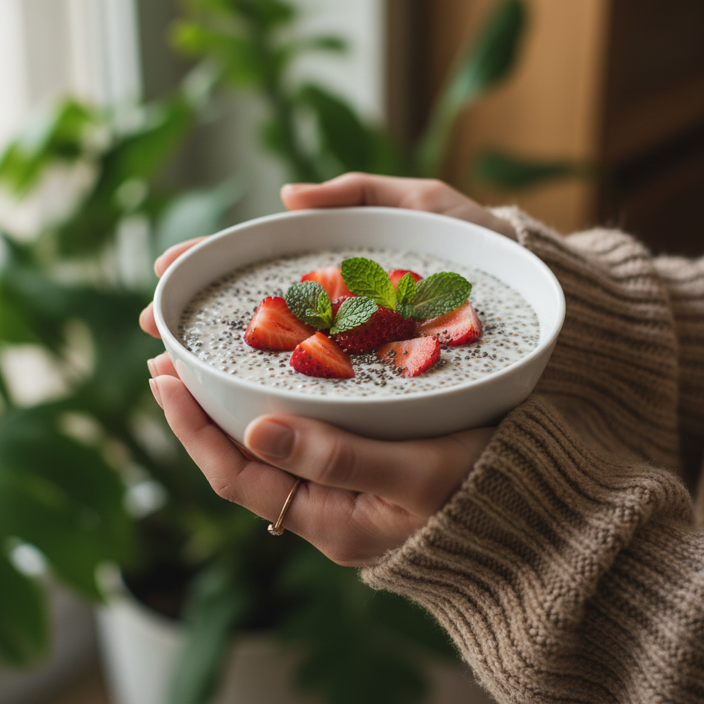 Hands Holding Chia Pudding Bowl