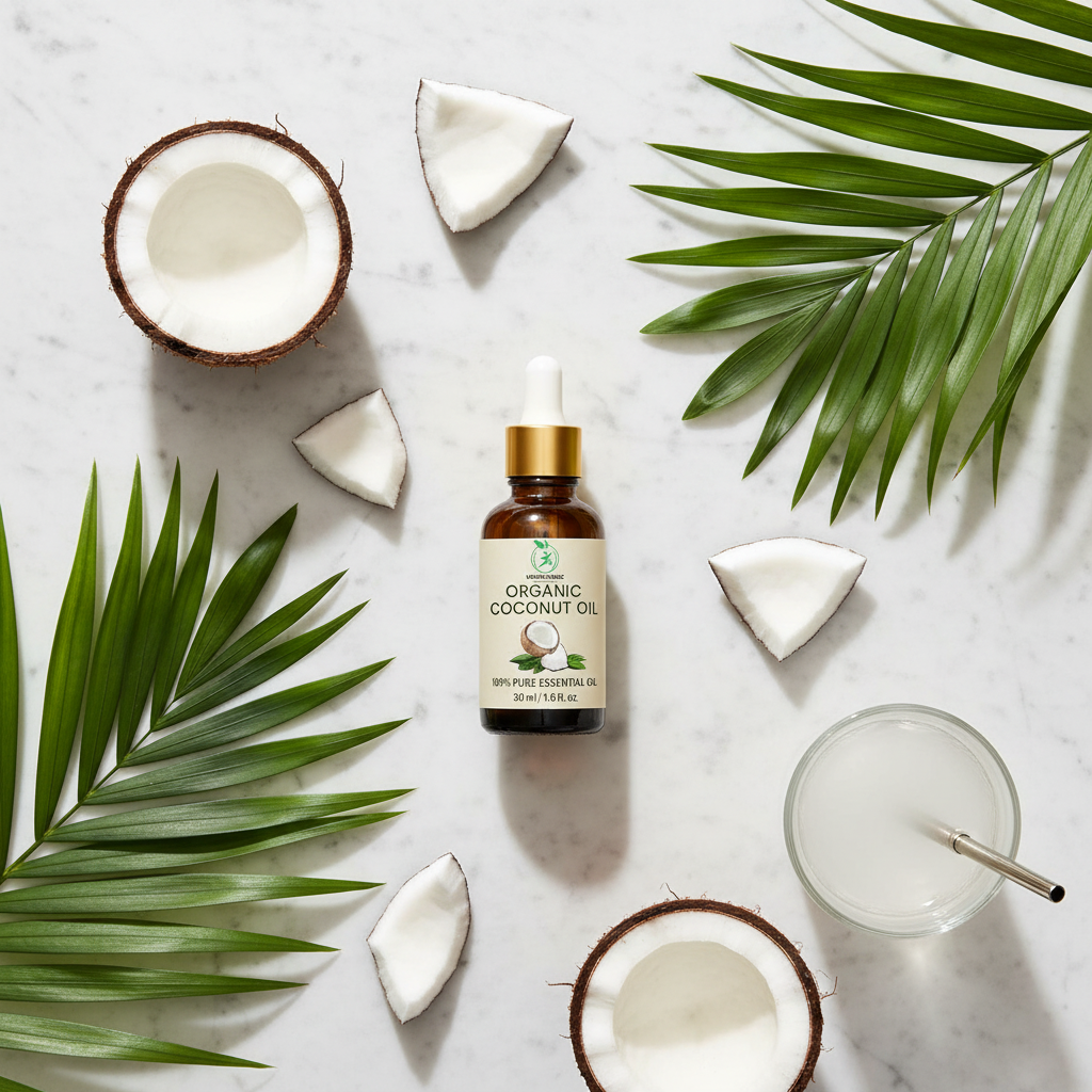 Tropical flat lay with fresh coconuts