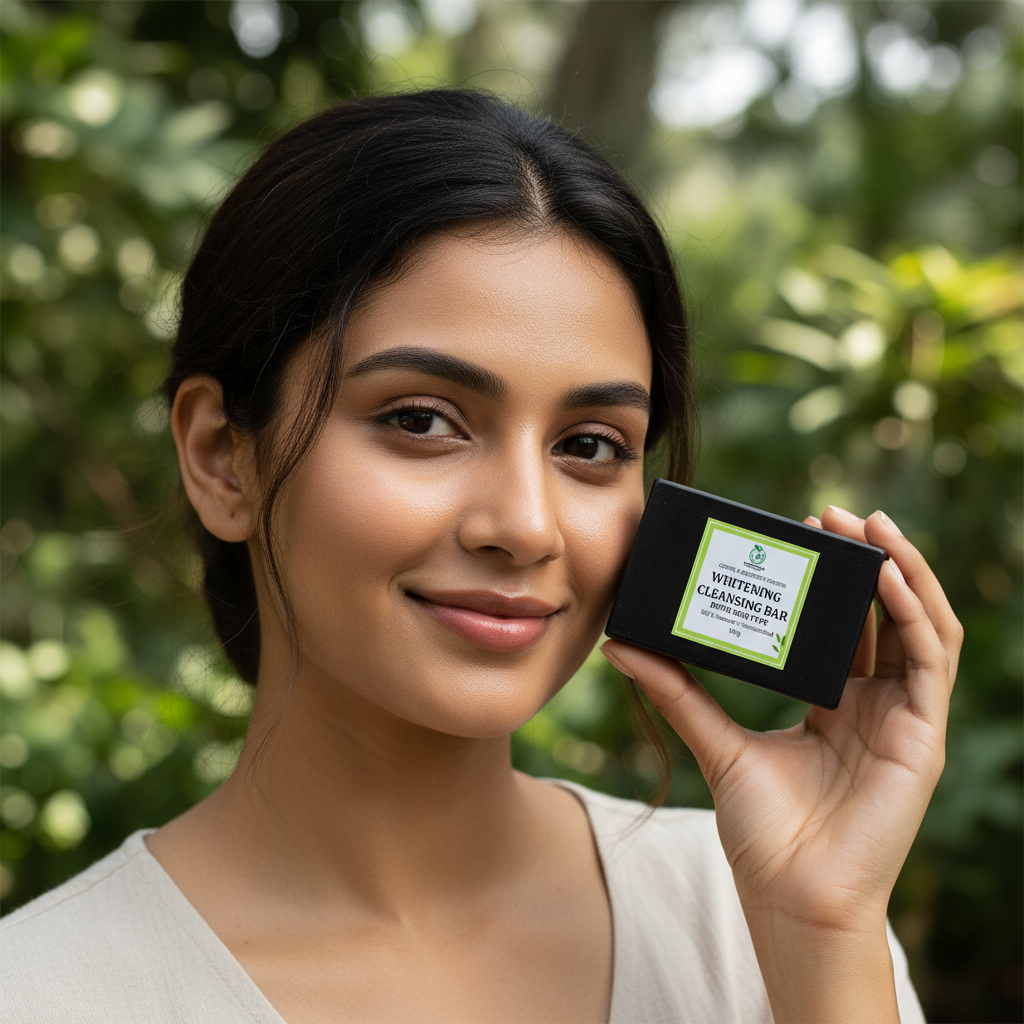 Woman showing glowing skin with product